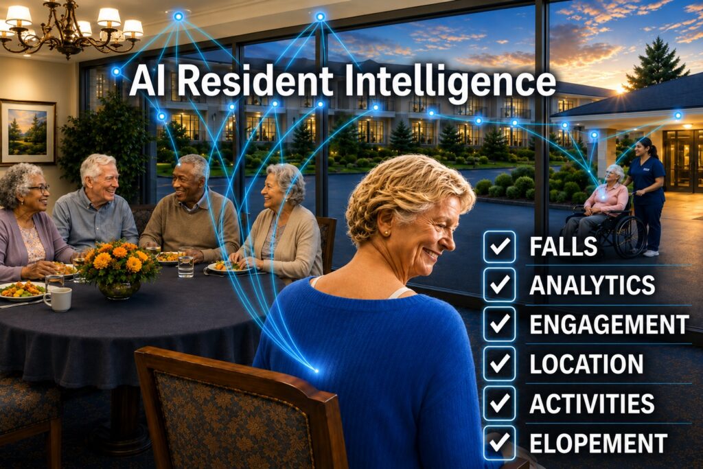 AI Resident Intelligence: residents dining and moving through a senior community, connected by a mesh network, with monitored categories listed — Falls, Analytics, Engagement, Location, Activities and Elopement.