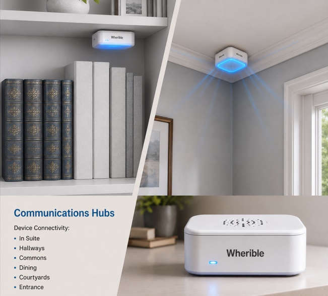 Wherible communications hubs shown on a bookshelf, mounted in a ceiling corner broadcasting coverage, and sitting on a countertop.